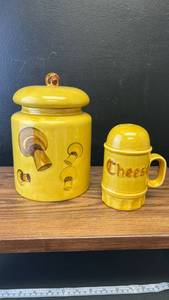 lot 40521 image: Yellow Ceramic Mushroom Canister and Cheese Shaker Set