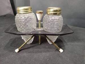 lot 4629 image: Glass Salt and Pepper Shakers with Metal Stand