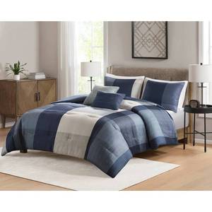 lot 9297 image: 5pc Queen Plaid Bedding Set Blue - Retail $89