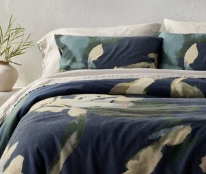 King Heavyweight Linen Blend Duvet Cover and Sham Set Navy Floral Print- Casaluna - Retail: $149