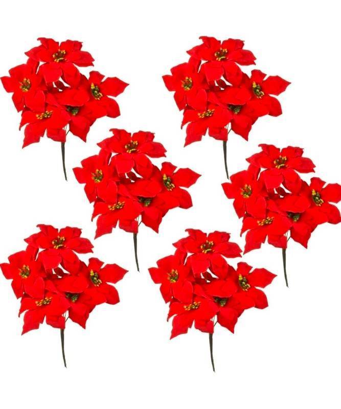 lot 70708 image: Red Poinsettia Christmas Flower Stems - Set of 6 - Retail $15