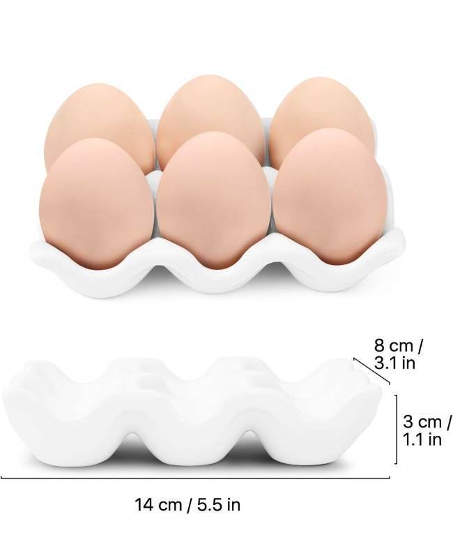 lot 70754 image: Flexzion Ceramic Egg Holder for Fridge - 6 Cups Egg Tray Half Dozen Porcelain Container Keeper Storage Organizer Decorative Serving Dish Serveware for Refrigerator Countertop Display Kitchen (White) - Retail $12
