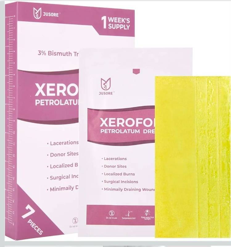 lot 70791 image: Jusore Xeroform Petrolatum Wound Dressing 7 Pieces - Retail $15