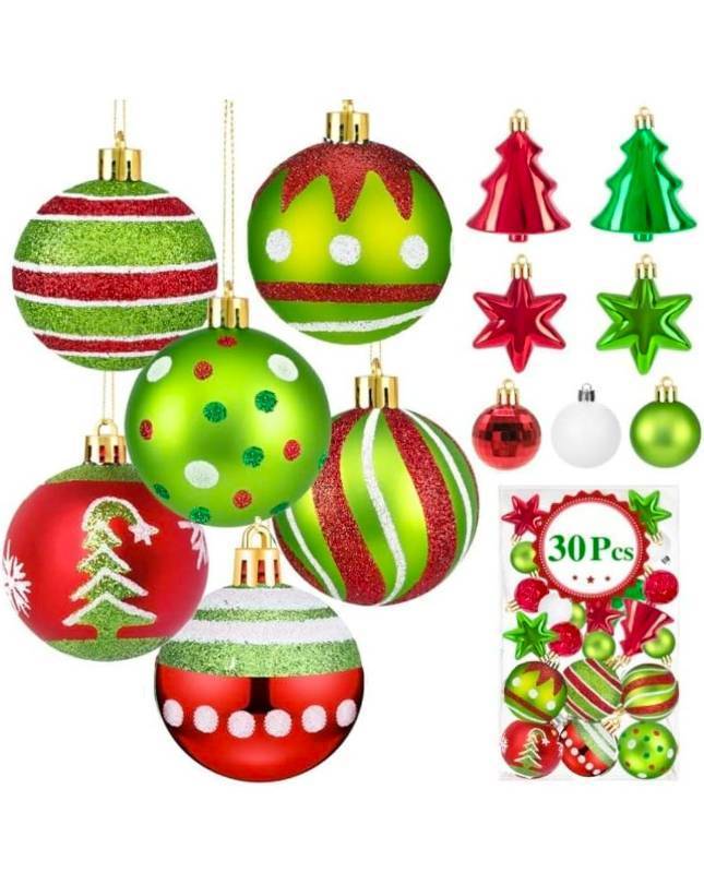 lot 70794 image: 30 Piece Christmas Ornament Ball Set Red Green White Multi-Pattern - Retail $15