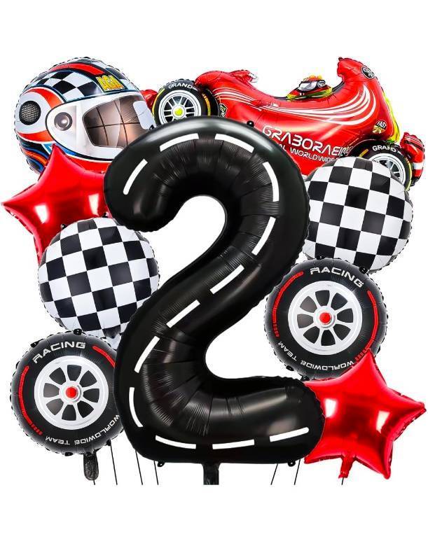 lot 70833 image: Racing Car 2nd Birthday Balloon Set with Number 2 and Race Car Designs - Retail $15