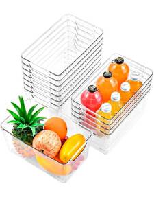 lot 70853 image: 12 Pack Middle Organizers and Storage, Pantry Organization and Storage Bins, Cabinet Organizer, Clear Plastic Storage Containers with Handle��Acrylic Storage Bins for Cabinet, Fridge - Retail $15