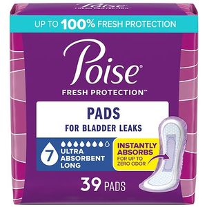 lot 70920 image: Poise Incontinence Pads for Women - Ultra Absorbency - 7 Drop - Long - 39ct - Retail $26