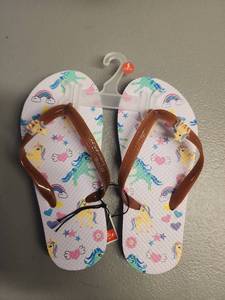 lot 70957 image: Unicorn Rainbow Print Flip Flops with Brown Straps S(13-1) - Retail $8