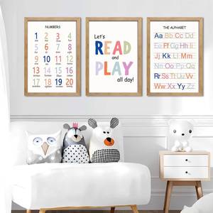 lot 1887 image: Cute Alphabet Numbers Framed Wall Art Set of 3, Boho Educational ABC Poster Wooden Sign for Baby Girl Kid Boy Toddlers, Neutral Preschool English Letters Nursery Decor for Homeschool Playroom Daycare