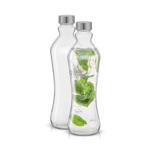 lot 1905 image: JoyJolt Glass Water Bottles - 2pc Set, 32 oz1 Liter, Clear Glass with Stainless Steel Lids, Leakproof, Ideal for Juicing or Iced Tea