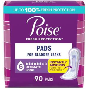 lot 1918 image: Poise Incontinence & Postpartum Pads for Bladder Leaks, 6 Drop Ultimate Absorbency, Long Length, 90 Count, Packaging May Vary