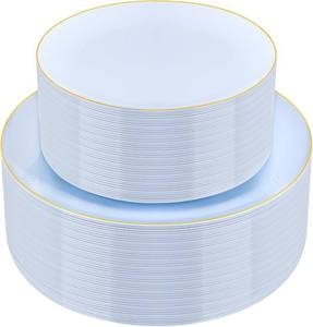 lot 1932 image: PULOTE 100PCS Blue Plastic Plates - Disposable Light Blue Include 50 Dinner & 50 DessertSalad Plates for Party, Wedding & Birthday