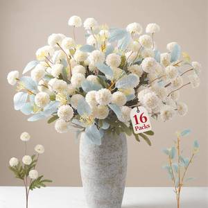 lot 1952 image: Alupssuc 16PCS Faux Silk Pompon Mums Artificial Flowers with Eucalyptus, Fake Chrysanthemum Floral for DIY Vase Arrangement, Long Stem Dining Table Centerpiece Home Decor, White