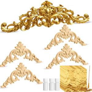 lot 2027 image: Naucoos 5 Pcs Wood Applique and Onlay with 100 Sheet Foil Leaf Gilding Adhesive Set Carved Decal Wooden Unpainted Carving Applique DIY Foil for Wall Bed Victorian Furniture Decor(Classic,Gold)