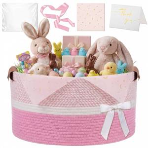lot 2036 image: Colingmill Mother��s Day Gift Basket with Leather Handle Ribbon Gift Bag and Thank You Card Empty Decorative Chest Box 15 x 10 x 9 Woven Rope Basket Storage with Handle for Home Decor(Pink,Strip)