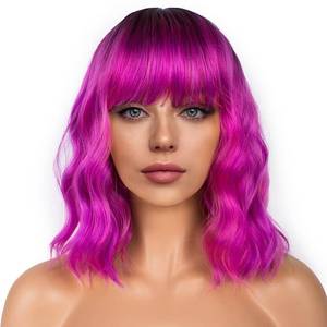 lot 2487 image: LANCAINI Colourful Short Bob Wigs with Bangs for Women Loose Wavy Wig Curly Wavy Shoulder Length Bob Synthetic Cosplay Wig for Girl Colorful Costume Wigs, Black-Rose mixed Purple