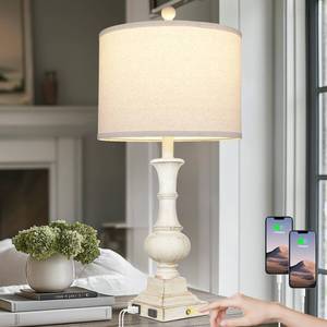 lot 3580 image: 26 Farmhouse Table Lamp, Vintage Rustic Touch Control Bedside Lamp with 2 USB Ports & AC Outlet, Boho Resin 3-Way Dimmable Nightstand Lamp Linen Fabric Shade for Living Room Bedroom End Table White