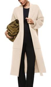 lot 3596 image: Womens Long Sleeve Maxi Cardigan Open Front Oversized Knitted Sweater Coat Casual Lapel Warm Overcoat with Pockets Apricot