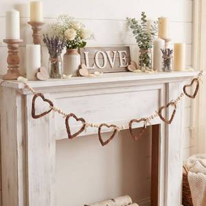 lot 4198 image: Glitinsel Vintage Rattan Heart Valentines Garland Wood Valentines Day Beads Garland with Linen Bow Rustic Natural Grapevine Twig Hearts Chain Wreath Wooden Rustic Wreath Banner Decor for Farmhouse