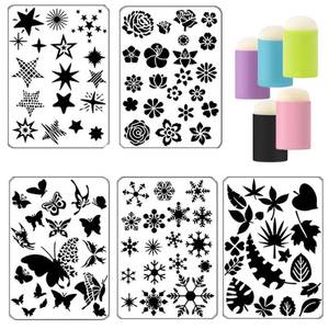 lot 4426 image: Stencils for Painting Set 5 Pcs Painting Stencils Leaves Flowers Butterflies Snowflakes Stars Stencils for Crafts 5 Pcs Finger Painting Sponge for Art DIY Craft Card Gift Tags and Scrapbooking