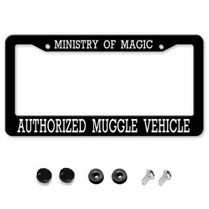lot 4467 image: Ministry of Magic Authorized Muggle Vehicle License Plate Frames, Black License Plate Frame for Women Men, Funny Aluminum Vintage Front Car Tag Frame Cover Holder Decor with 2 Holes