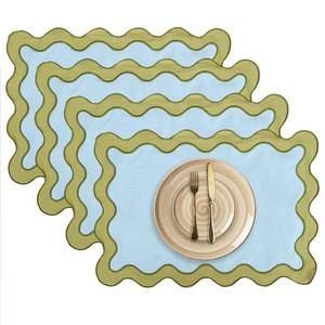 lot 4492 image: MIKI WELL Placemats Set of 4, 13 x 19 Inch Cotton Table Placemats Washable Heat Resistant Woven Table Mats for Table Decor, Boho Scallop Embroidered Placemats (Blue)