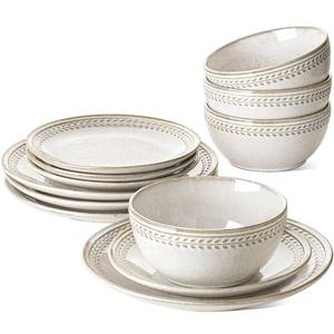 lot 5552 image: LE TAUCI Plates and Bowls Sets for 4, 12 Piece Ceramic Dinnerware Sets, Kitchen Stoneware Dish Set, Chip Resistant, Microwave & Dishwasher Safe, Reactive Glaze Beige (8&10 Plate, 27oz Bowl)