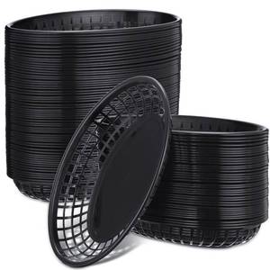 lot 5572 image: Potchen 100 Pcs Fast Food Baskets 8.9 x 5.5 Inch Plastic Baskets for Food Black Chip Tray Reusable Bread Fry Oval Serving Tray for Restaurant Supplies Hot Dog Deli Serving Chicken