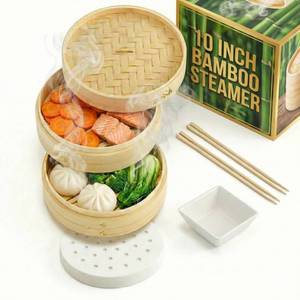 lot 5573 image: Prime Home Direct Bamboo Steamer Basket 10-Inch  2-Tier Steamer for Cooking  50 Liners, Chopsticks, Sauce Dish  Steaming Asian Food, Bao Buns, Chinese, Dim Sum, Dumpling, Rice, Vegetable Steam Pot