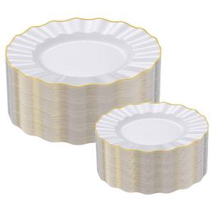 lot 5582 image: ISFANGCO 102Pcs White Plastic Plates, Heavy Duty Fancy Disposable Plate with Gold Rim, Party Plates include 51 Dinner & 51 Dessert Platos for Parties and Wedding(51 Guests)