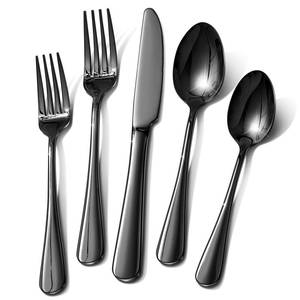 lot 6367 image: Black Silverware Set, 40 Piece Food-Grade Stainless Steel Flatware Set for 8 Include Spoons Knives and Forks Mirror Polished Rust-proof Modern Design Dishwasher Safe