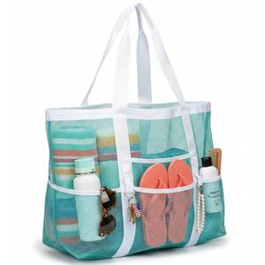 lot 6371 image: F-color Mesh Beach Bag for Family, Large Beach Tote 9 Pockets Tote Bag for Cruise Travel, Vacation Essentials, Mint Green