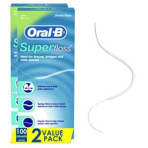 lot 6393 image: Oral-B Dental Floss for Braces, Super Floss Pre-Cut Strands, Mint, 50 Count, Pack of 2