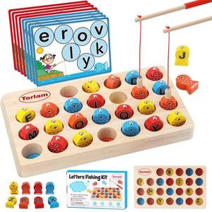 lot 6410 image: Torlam Magnetic Wooden Fishing Game Toy for Toddlers, Fine Motor Skill Toy ABC Alphabet Learning for Toddlers, Montessori Letters Cognition Preschool with 2 Pole and 8 Activity Cards