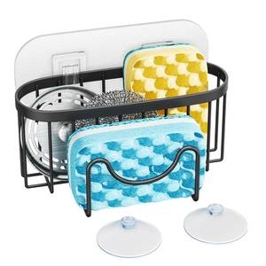 lot 6414 image: HapiRm Multifunctional Sponge Holder with Unique M-Shaped, 2 Installation Methods Kitchen Sink Caddy Organizer, Rustproof Stainless Steel Sponge Caddy for Brush, Sink Stopper and Scraper -Black