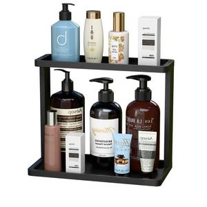 lot 6463 image: PEKER Bamboo Bathroom Organizer Countertop �� Small Vanity Storage Shelf for Makeup, Perfume, Skincare �� Natural Cosmetics Display Rack for Dresser, Sink, Kitchen ��Black