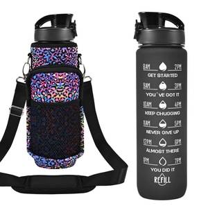 lot 6485 image: Motivational Water Bottle with Storage Sleeve, 32 OZ Hiking Time Water Bottles with Times to Drink, BPA Free Reusable Sports Water Bottle Carrier for Travel, Runing or Fitness (Laser Leopard)