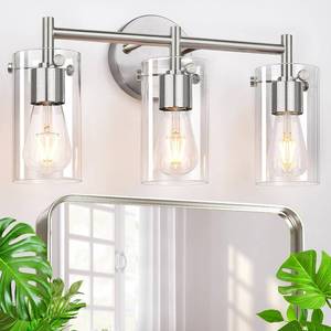 lot 9509 image: Indoi 3-Light Brushed Nickel Bathroom Vanity Light Fixtures, Clear Glass Shade Wall Sconces for Mirror, Bedroom, Living Room, Hallway