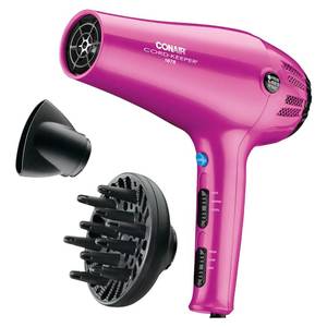 lot 9512 image: Conair Hair Dryer with Retractable Cord, 1875W Blow Dryer, 3 Heat Settings, 2 Speeds, Blow Dryer with Diffuser and Concentrator Attachments, Ionic  Tourmaline Technology, Pink