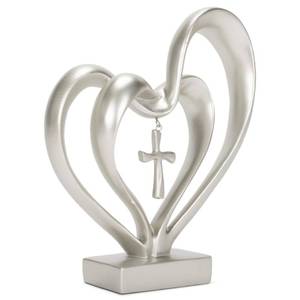 lot 9517 image: Marriage Takes Three Matte Silver Finish 13X8 inch Cross in Middle of Hearts Tabletopper