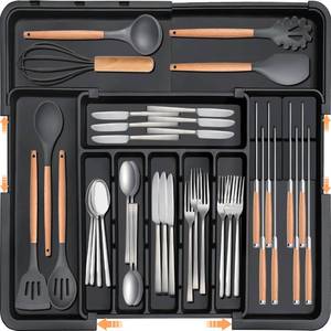 lot 9526 image: Homecor Silverware Organizer - Expandable Large Kitchen Drawer Organizer Utensil Organizer with 2 Removable Knife Blocks, 22x 19Cutlery Tray Drawer Dividers for Kitchen Flatware(6-9 Slots) (Black)
