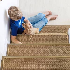 lot 9528 image: Braided Stair Treads Faux Jute,Non-Slip Stair Runners for Wooden Steps,Indoor,Farmhouse,15PCS 30x8,Neutral Peel and Stick Stairs Carpet for Kids,Elders and Dogs,Stair Covers,Tan Brown
