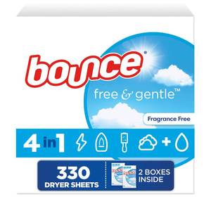 lot 9546 image: Bounce Free And Gentle Dryer Sheets For Sensitive Skin, Hypoallergenic, Free Of Dyes And Perfumes, Unscented, 330 Count
