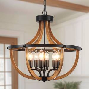 lot 9548 image: Vintage Wood Black Farmhouse Cage Chandelier �� 6-Light Adjustable Round Pendant Fixture for Kitchen Islands, Dining Rooms, Cafe, Bar, 19.48