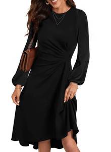 lot 10230 image: Happy Sailed Formal Dresses for Women Elegant Fall Winter Long Sleeve Ruched Waist A Line High Low Flowy Midi Cocktail Party Dress for Wedding Guest Black X-Large