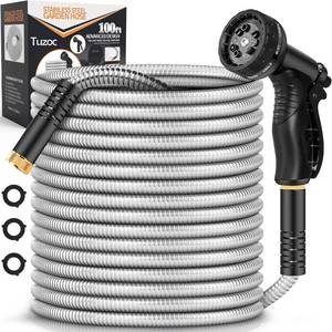 lot 11105 image: Garden Hose Metal 100FT, Stainless Steel Heavy Duty Water Hose With 10 Function Nozzle, No-Kink, Tough & Flexible, Sturdy and Lightweight, Rust Proof for Yard, Outdoor, RV