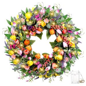 lot 11122 image: 24 Inch Spring Wreaths for Front Door, Artificial Tulip Wreath with Lights & Butterflies, Spring Summer Easter Wreath for Indoor Outdoor Decor