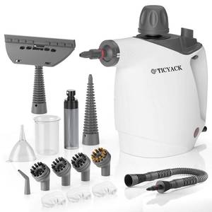 lot 11124 image: TICYACK Handheld Steam Cleaner, Steam Cleaner with 16 PCS Accessory & Safety Lock, 500ML Capacity, Multi-Surface Deep Cleaning for Home, Car, Bathroom, Grout, Floor, Window (White) (Used)