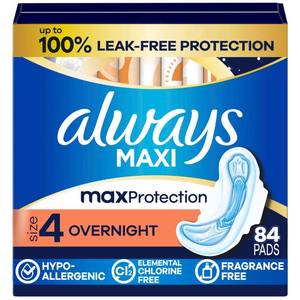 lot 11125 image: Always Maxi Overnight Pads with Wings for Women, Size 4, Overnight Absorbency, Unscented, 84 Count (3 Packs of 28)