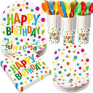 lot 11129 image: Pickmesh 400 Pcs Happy Birthday Decoration Set, Colorful Polka Dots Plates and Napkins Party Supplies, Disposable Plates and Cups with Plastic Cutlery for Birthday Party Favor